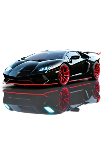 Lamborghini sports car, low-angle shot, glossy black paint, sleek curved lines, LED headlights, aggressive front grille, 20-inch alloy wheels, red brake calipers, sporty bucket seats, leather steering