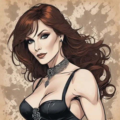 An ethereal, detailed digital illustration: half figure Rough (color pencil sketch on old cracked paper), 
(Young beautiful goth female (Marilu Henner, muscle babe, defined muscles), in corsette),
 cr
