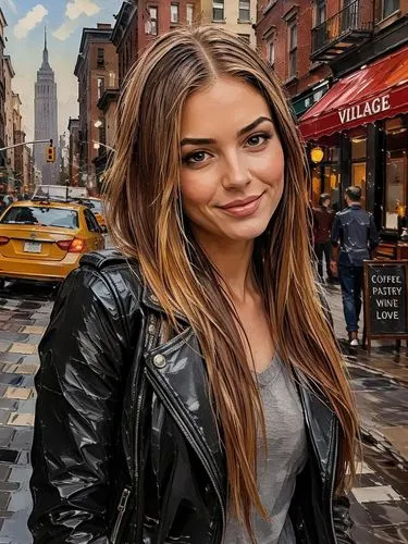 An impasto palette knife oil painting of a beautiful young woman with long, straight light-brown hair and a gentle smile, looking directly at the camera. She is wearing a sleek black leather jacket ov