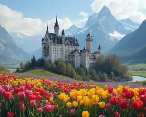 a picturesque Swiss castle with shades of white, black, taupe and light pink with a iconic snowcapped mountain, a prominent blue waterfall, and plain with colorful red, pink, yellow, and purple flower