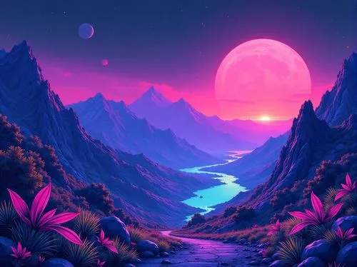 Game scene design, clean lines, Space Opera style game, outdoor scenes, mountains, city, plants, war,purple mountains and a river are illuminated by the setting sun,purple landscape,futuristic landsca