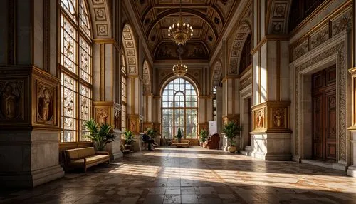 Intricate stone carvings, ornate metalwork, stained glass windows, geometric patterns, chevron motifs, zigzag designs, luxurious fabrics, golden accents, symmetrical compositions, grandiose scales, op