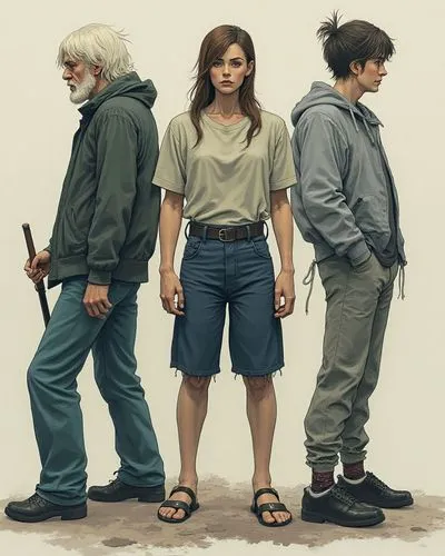 Horror protagonists ,a group of three people standing next to each other,servicewomen,chronicle,zookeepers,searchers,diviners,the sandpiper combative,hereditary,huntsmen,prisoners,rudderless,captives,