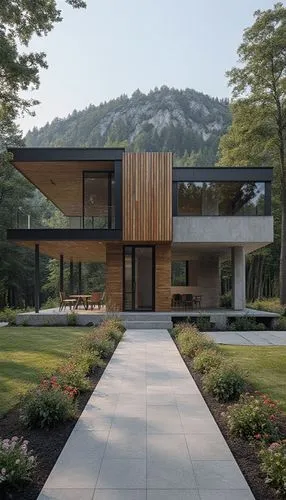 Modern country house in high-tech style. Located in the forest on the background of the hill. Materials, porcelain tile wood plastic. In front of the house a path with flower beds and alpine hills. Fr