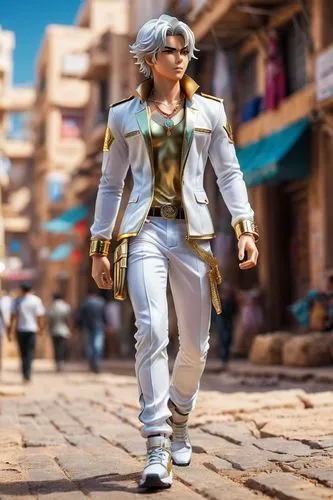A handsome anime adventure boy wearing gold jewelry walking on the streets of the city in Western Sahara, made by artgerm, exquisite details, popular on artstation, 8k, smooth motion, amazing shadows,