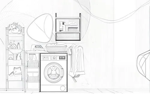 a line drawing of an open floor plan with stairs and open storage units рядом ванна с душем на белом фоне,the drawings show what it's like in a drawing studio,coffee machine,soda machine,food line art