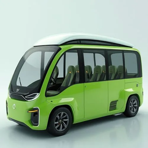 A modern electric minibus designed for eco-friendly group transportation. The vehicle has a clean, boxy shape with an innovative foldable roof for extra cargo space. The exterior is covered in bright 