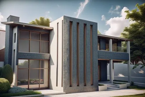 a modern residence with windows and glass walls,modern house,mid century house,3d rendering,mid century modern,render,modern architecture,rendered,duplexes,townhomes,renders,dunes house,rendering,cubi