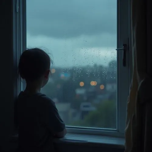 A person looking out the window in cloudy weather and raindrops falling on the window is a classic scene that is often paired with lo-fi music. The occasional flash of lightning or a blurry cityscape 