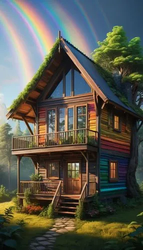 A detailed 3D render: An intricate vision showcasing a fantastical narrative; a wooden-housed cabin with a mystical exterior stands tall, its interior filled with plants and trees; then, a large windo
