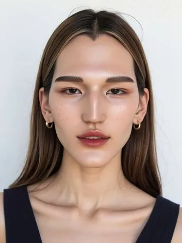  Shyanne's face is characterized by her unusually long, pretty and narrow nose, which reaches all the way to her upper lip. Here she smiles at us during the cheerful model shoot.,a model with makeup o