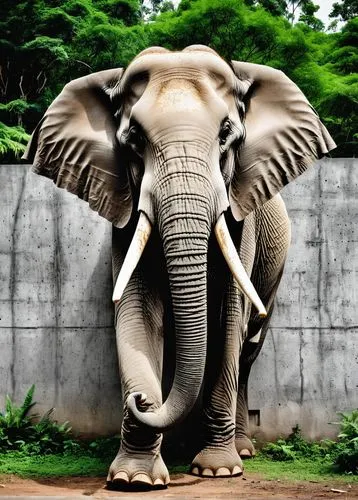 Create colourless concrete plaster wall,  colourless elephant is sleeping in the forest. Artist bot is standing  in front of wall. ,african elephant,circus elephant,asian elephant,african bush elephan