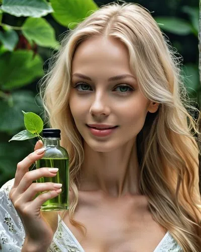 a woman in white holding up a bottle and green leaf,green juice,chlorella,naturopathic,naturopath,phytotherapy,natural cosmetics,natural perfume,yesipova,naturopaths,spiridonova,naturopathy,soldatova,