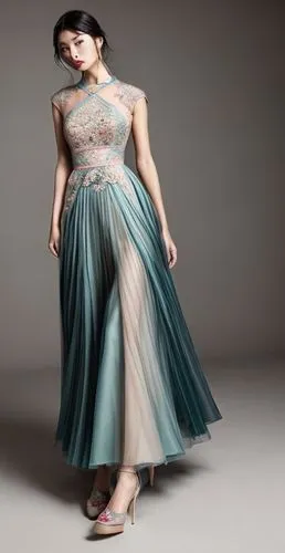 dark teal and light peach chinese-style gown with lace and embroidery details, with center split skirt.,long dress,evening dress,girl in a long dress,hoopskirt,ball gown,bridal clothing,sari,vintage d