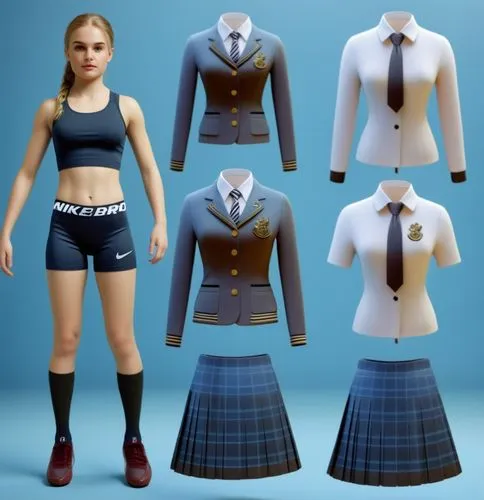 Paper doll 2d cartoon british schoolgirl in black t shirt ,black nike pro spandex shorts with black long sock and black shoe standing surrounded by with a set of British  school uniform, white dress s