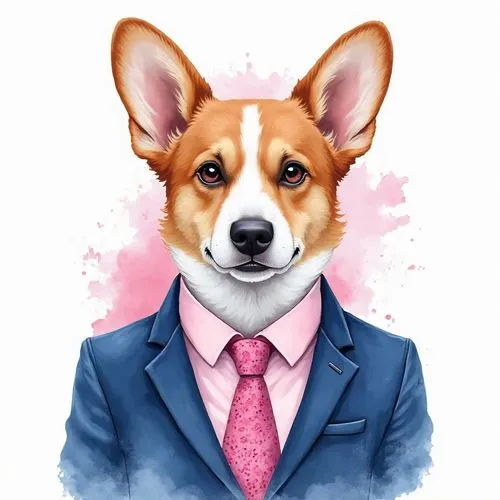 A dapper and humorous watercolor pop art portrait of a Pembroke Welsh Corgi dressed in a smart blue business suit, a pink dress shirt, and a patterned pink tie. The art style features vibrant watercol