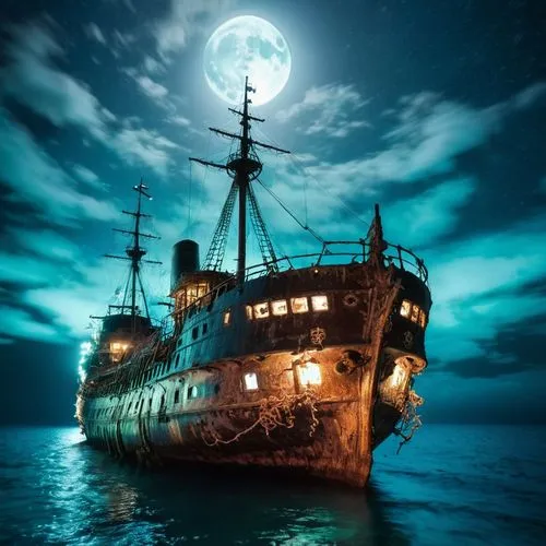 old Japanese ship, Traditional, ship's deck, cold Indian Ocean, night time,  icy water, sea storm, survival struggle, desperate cries, heroic acts, full moon, dark sky, underwater, rusted metal, sea c