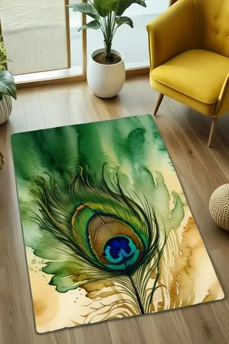 Green and Gold Peacock Feather Area, 3D Printed Vintage Watercolor, Classical Decorative for Living Room, Living Room, Bedroom, Office, Non-Slip Soft,a carpet that has been drawn on the floor,glass pa