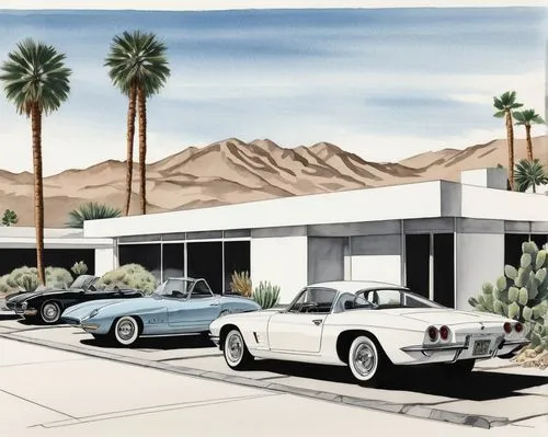 Mid-century modern architecture, Palm Springs style, self-guided walking tour, sunny day, clear blue sky, warm light, palm trees lining the sidewalk, elegant white buildings with large windows, slidin