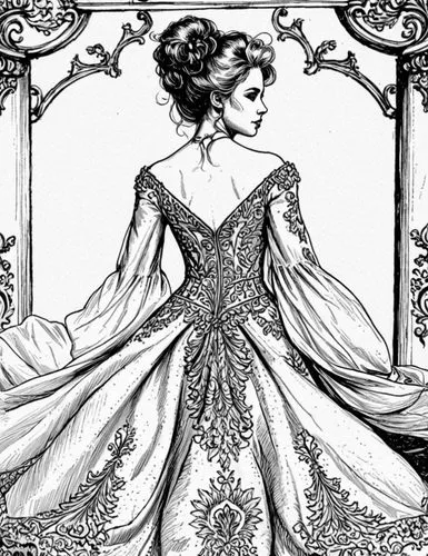 Style: Design Sketch-Detailed Outline,a woman in a long dress, standing with her back to the camera,noblewoman,peignoir,ball gown,victoriana,maxon,victorian lady,wedding frame,bridal dress,ceremonials