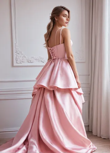 LIGHT PINK LAYERED SATIN GOWN,ball gown,quinceanera dresses,quinceañera,evening dress,elegant,elegance,bridal party dress,gown,girl in a long dress from the back,strapless dress,robe,long dress,weddin