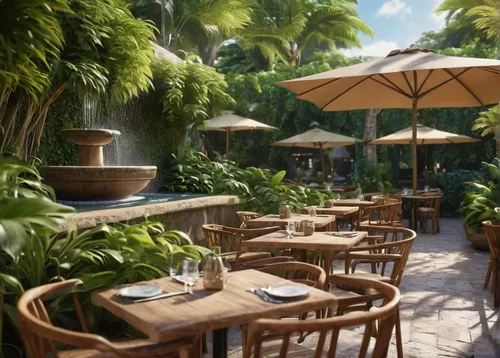 Take a virtual stroll through Cafe Kacao's outdoor seating area, surrounded by lush greenery and the soothing sound of a nearby fountain.,beach restaurant,a restaurant,patio,bistro,terrace,outdoor din