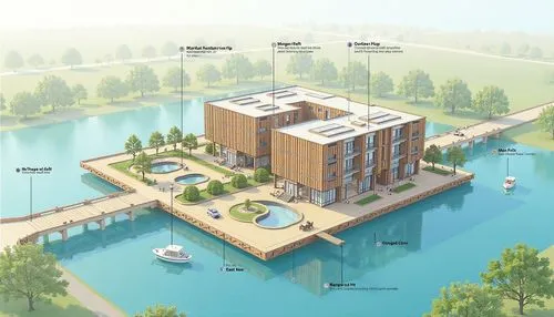 (construction plan:1.3) with multiple variations and material suggestion for a building. Plan of a building designed to float on water, incorporating unique living and recreational spaces.,a building