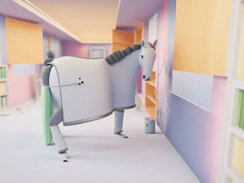a horse in a room with colorful walls,disneynature,cartoon animal,animal film,slipup,cute cartoon character,suri