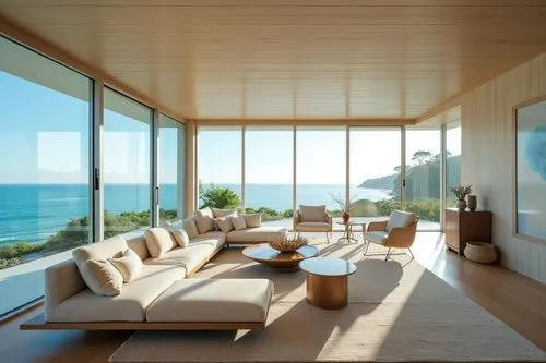 Design stunning glass-walled retreats harmonizing nature with modern elegance.,a large living room filled with furniture next to a window,beach house,modern living room,dunes house,oceanfront,interior
