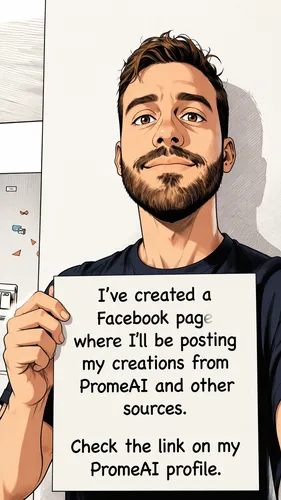 Anime style:

I am holding a sign with the following message written on it:
"I’ve created a Facebook page where I’ll be posting my creations from PromeAI and other sources. Check the link on my PromeA