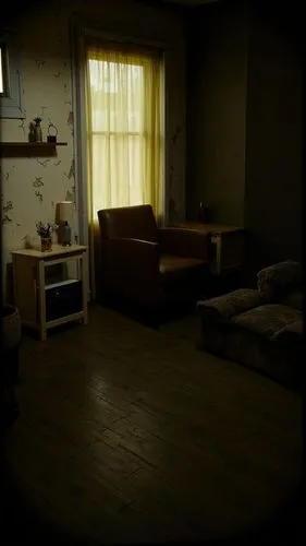 A photo-realistic shoot from the side about a dimly lit room with peeling walls and a wooden floor, featuring a table with a lamp on the left side and a chair on the right side. the room has a rustic,