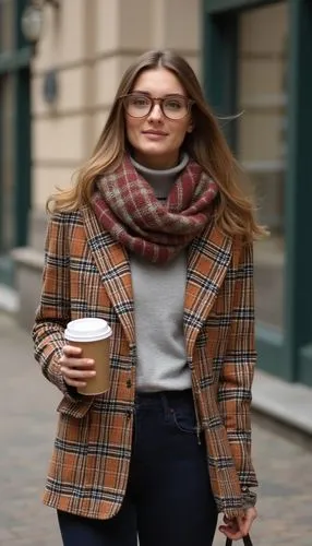 A preppy autumn outfit with a checkered blazer, fitted turtleneck, and plaid scarf. She’s holding a takeaway coffee outside a university building, capturing a refined, academic vibe perfect for campus
