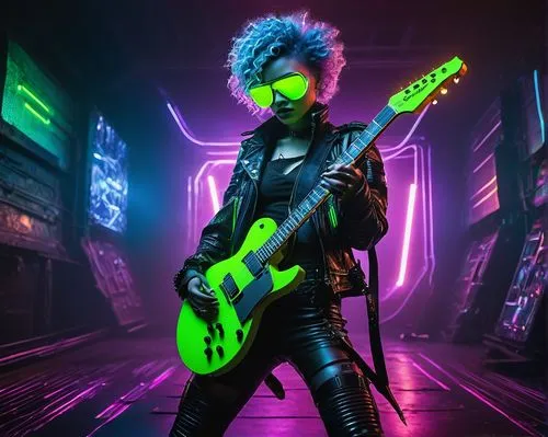 Alien musician, futuristic cyborg, neon green glow, metallic silver skin, LED eyes, wild curly blue hair, leather jacket with metal shoulder pads, ripped jeans, black boots with silver buckles, holdin