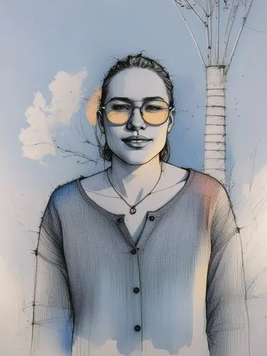 a digital drawing of a person in a sweater and sunglasses,pencil art,girl in a historic way,world digital painting,prudential,portrait background,colored pencil background