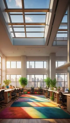 Modern interior design classroom, CEU courses, adult students, diverse ethnicity, laptops open, notes scattered, wooden desks, ergonomic chairs, floor lamps, inspirational quotes on walls, colorful ru