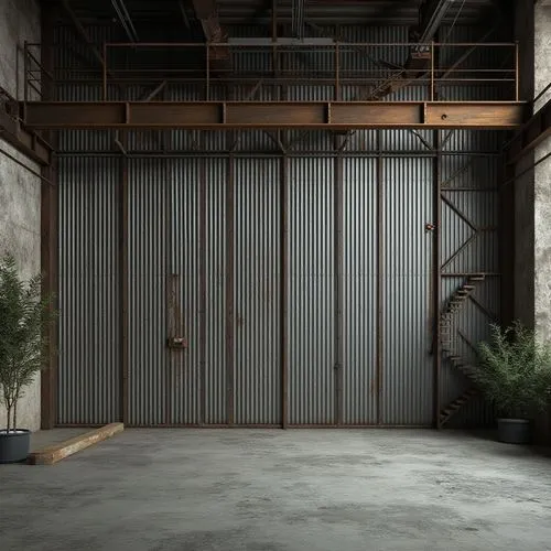 industrial modern design, corrugated iron wall, rustic metal texture, distressed finish, brutalist architecture, urban landscape, cityscape, concrete floor, steel beams, minimalist decor, functional l