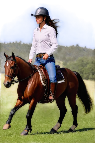 Riding horse, majestic stallion, galloping, flowing mane, shiny coat, cowboy boots, rugged denim pants, white shirt, leather belt, riding helmet, reins in hand, green meadow background, sunny day, pan