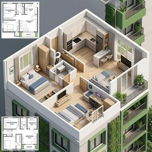 "Design a modern and functional CAD plan for a 2BHK (two-bedroom, hall, and kitchen) apartment, optimizing space efficiency and incorporating contemporary design elements. Consider the needs of urban