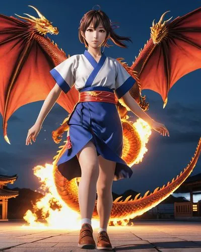 flying anime character,japanese style,girl,dragon,an animated character in a dress, with red dragon wings,xiaoyu,yanmei,garrison,charizard,xiaofu,eiko,Photography,General,Realistic