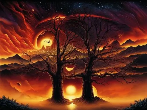 artwork shows trees and mountains, with stars overhead,fire background,fire planet,burning tree trunk,fantasy picture,autumn background,jack o lantern,hallows,burning earth,magic tree,molten,pumpkin l