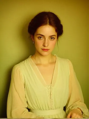 Mary Ward,a woman in a dress posing in front of a green wall,vintage female portrait,vintage woman,young woman,secretarial,portrait of a woman,cherry orchard,girl at the computer,suffragette,stenograp