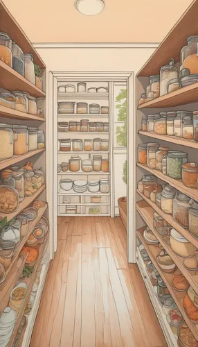 A Pantry Made In Heaven,pantry,bakery,shelves,apothecary,kitchen shop,soap shop,cheese factory,empty shelf,food storage,grocery,shelving,cupboard,bakery products,grocer,watercolor shops,inventory,wate