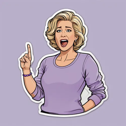 Dorinda medley,lavender open front sweater over lavender tank top,one hand pointing,yelling,side profile view,upset face,cartoon style,clipart sticker,my clipart,woman pointing,flat blogger icon,grape