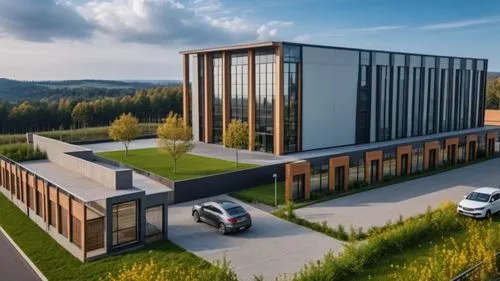 Photo realistic industrial building, blender render, vray render,achicad render ,an artistic rendering of the planned el at the top of the hill,modern building,chancellery,new building,modern architec