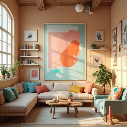 Vibrant artistic studio, eclectic furniture, bold typography, modern abstract art, geometric shapes, pop art inspiration, pastel hues, soft peach tones, rich turquoise accents, creamy whites, deep cha