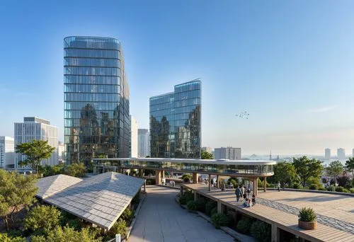 A digital rendering shoot from a bird's eye view about a futuristic cityscape with two tall skyscrapers and an outdoor pavilion. the image also shows a clear blue sky with a few birds flying in the di