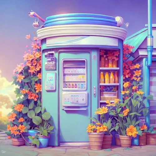 a girl,ice cream stand,flower shop,convenience store,flower booth,ice cream shop,soda shop,fruit stand,soda machine,pharmacy,vending machine,grocery,gas-station,retro diner,vending machines,e-gas stat