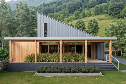 A minimalist wooden cabin with a slanted roof, corrugated metal siding, and a wood storage area, surrounded by lush greenery and a serene forest environment.,a cabin with a porch next to a forest,pass