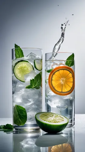 Cold feeling, ice, in the white space, there are lights on the left front, medium distance, product shooting, food magazine style, several glass cups with sparkling water and green orange, cucumber, f
