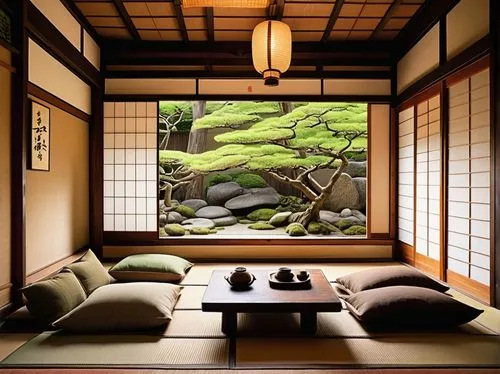 Traditional Japanese domestic architecture, tatami-matted floor, shoji screens, sliding doors, wooden beams, paper lanterns, low seating, tokonoma alcove, bonsai tree, stone garden, moss-covered groun